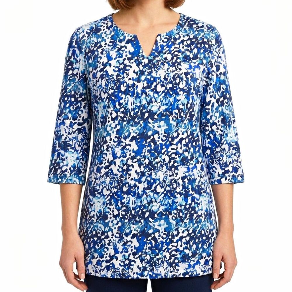 Roaman's Tunic Top Womens Plus 20 Blue White Abstract Split Neck 3/4 Slv Knit